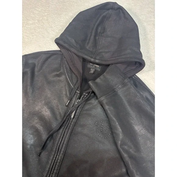 True Religion Men's Size Jet Black Coated Moto Hoodie Jacket Size 3XL - Picture 2 of 12